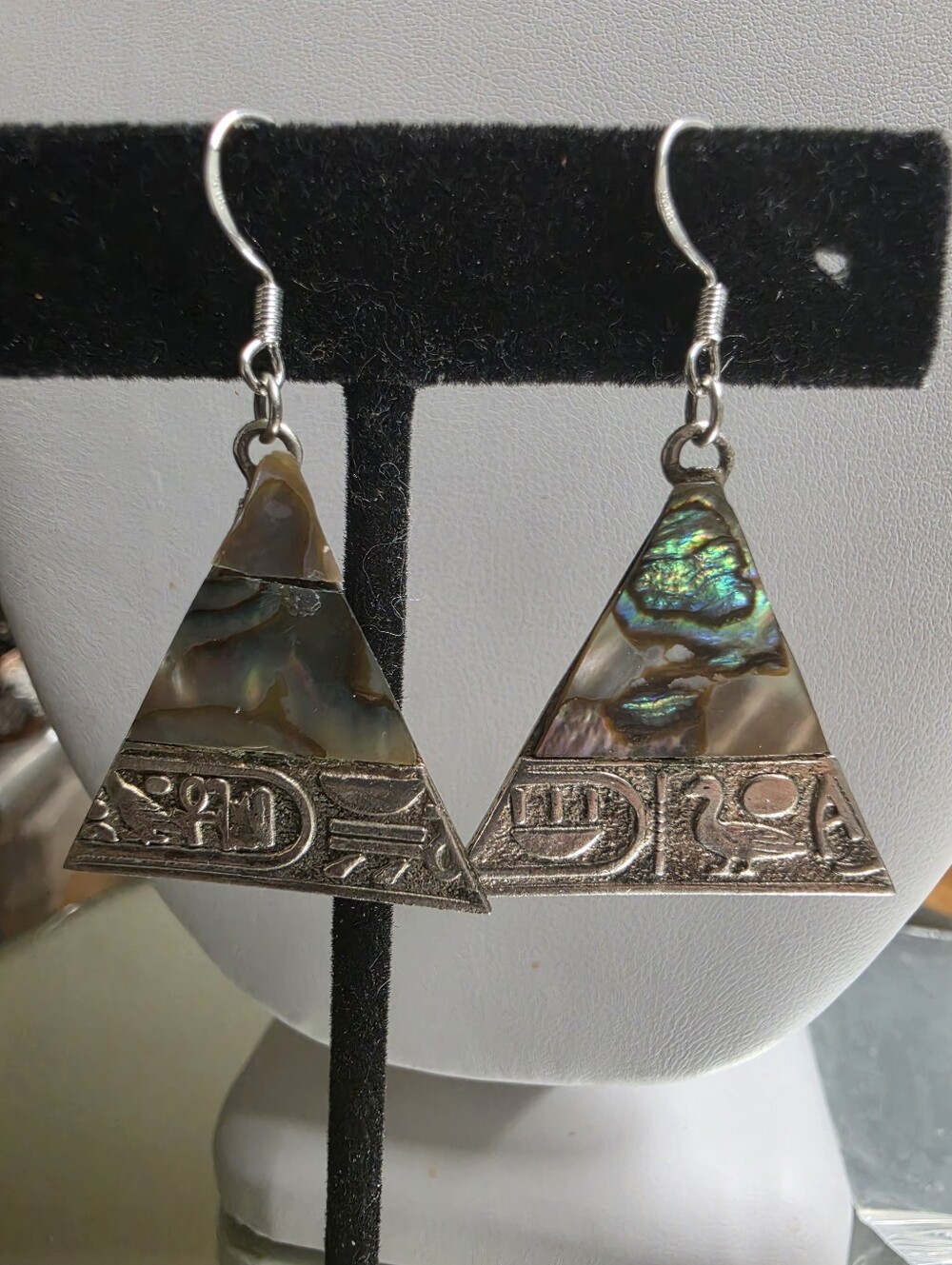 Vintage Alpaca Mexico Abalone Inlay Triangle Dangle Earrings 925 Hooks